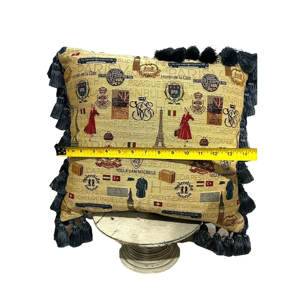 Tapestry Paris French Themed Double Sided Navy Fringed Accent Throw Pillow 16